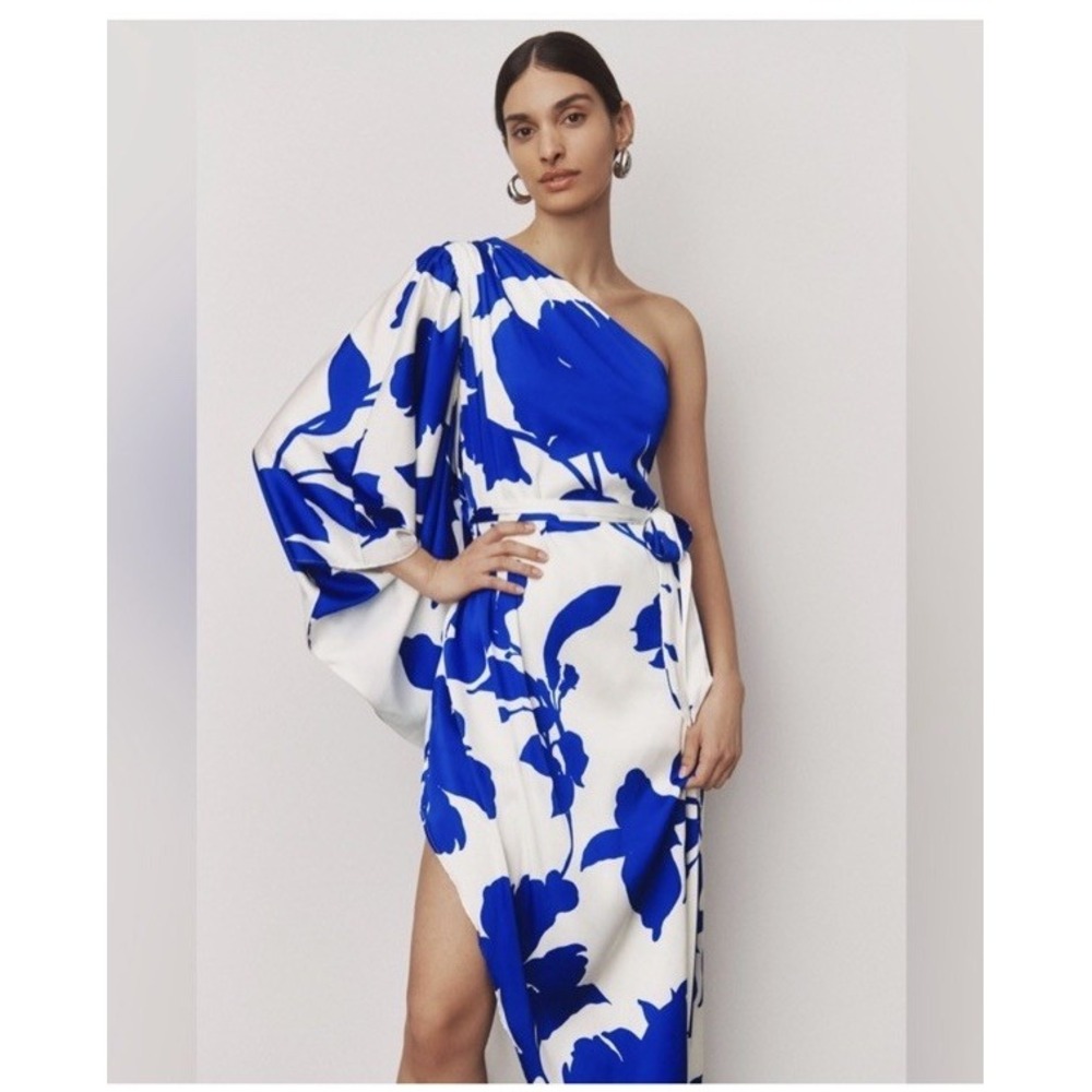 Anthropologie Hutch Blue White Floral One Shoulder Satin Maxi Dress Size 4